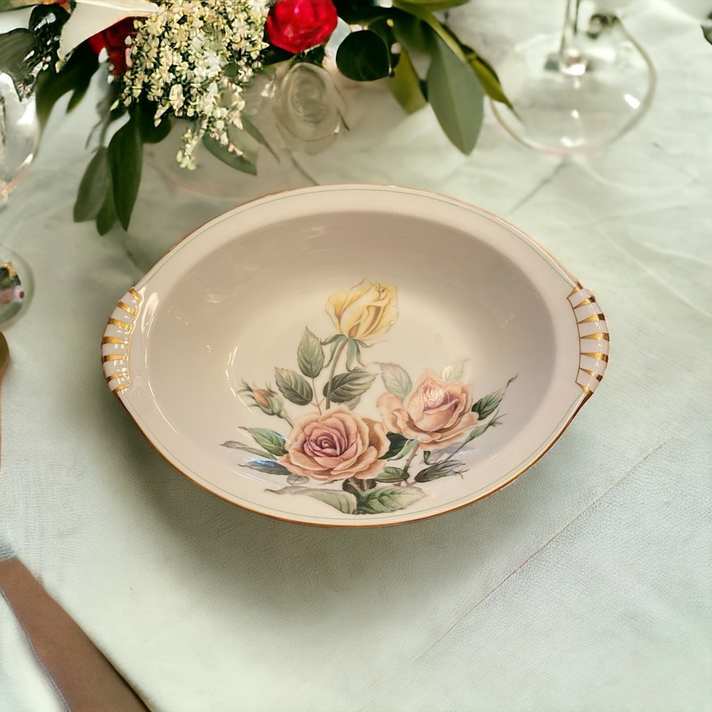 Vintage Kent China Trio Oval Serving Bowl Pink Yellow Rose Gold Trim